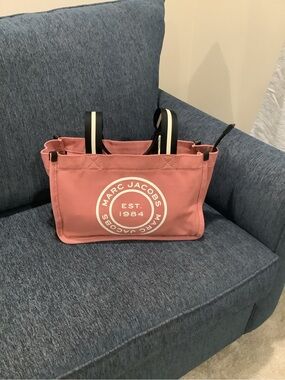 Marc Jacobs Rose Pink Canvas Logo Tote with Striped Handles